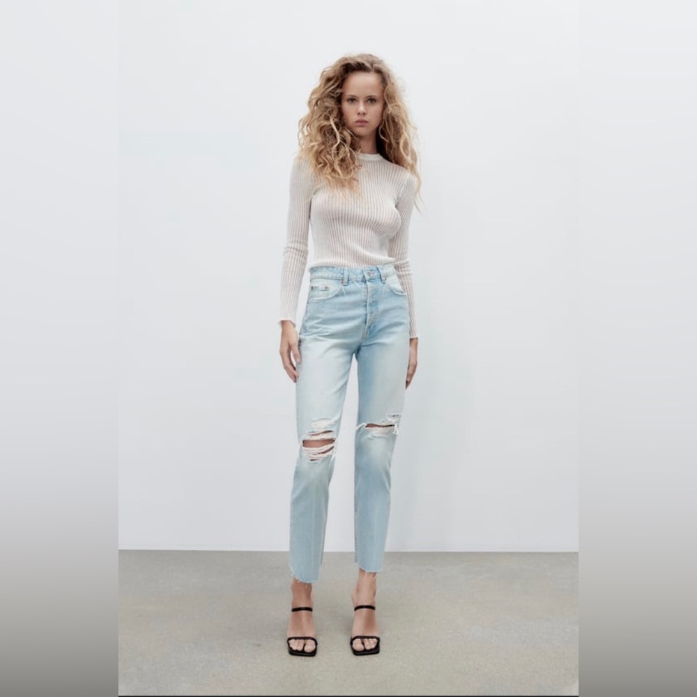 ZARA Ripped Straight Jeans - Light Blue